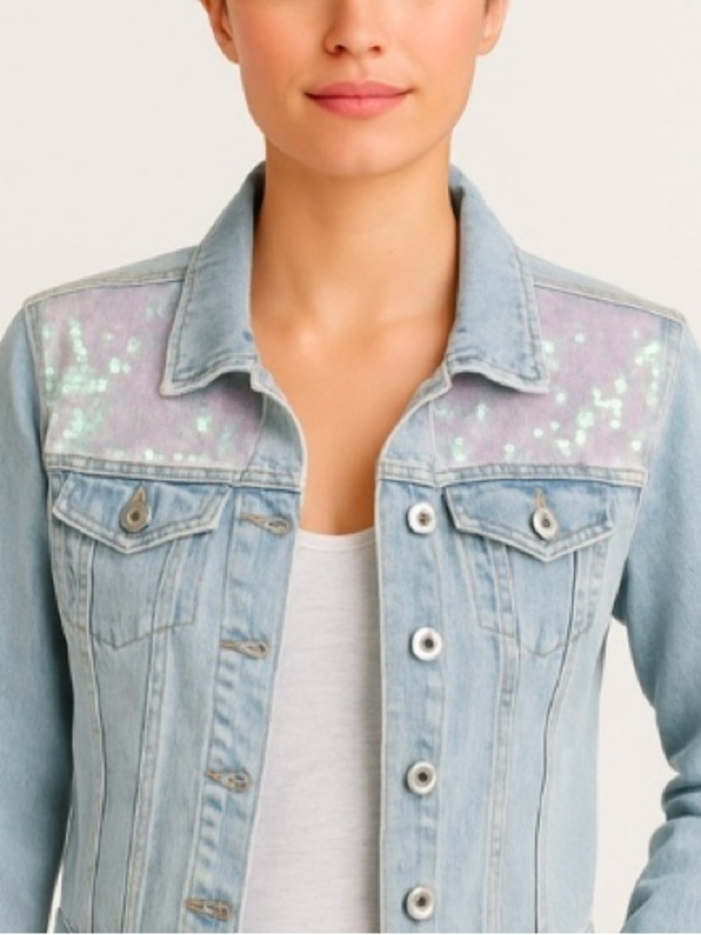 SUNSET + SPRING "Mermaid" Sequin
Light Wash Sequin Denim Jacket
